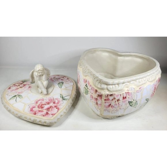 RARE Shabby Chic Vintage Rose Mosaic Angel Keepsake Heart Box - Picture 9 of 11